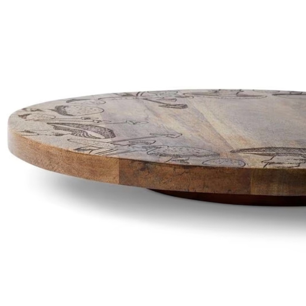 Wooden Mushroom Engraved Lazy Susan Serving Platter, New - Picture 4 of 5